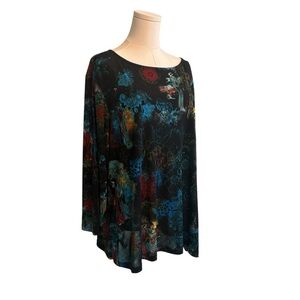 Investments Women's 3X Black Stretchy Plus Japanese Print Sheer Soft Blouse